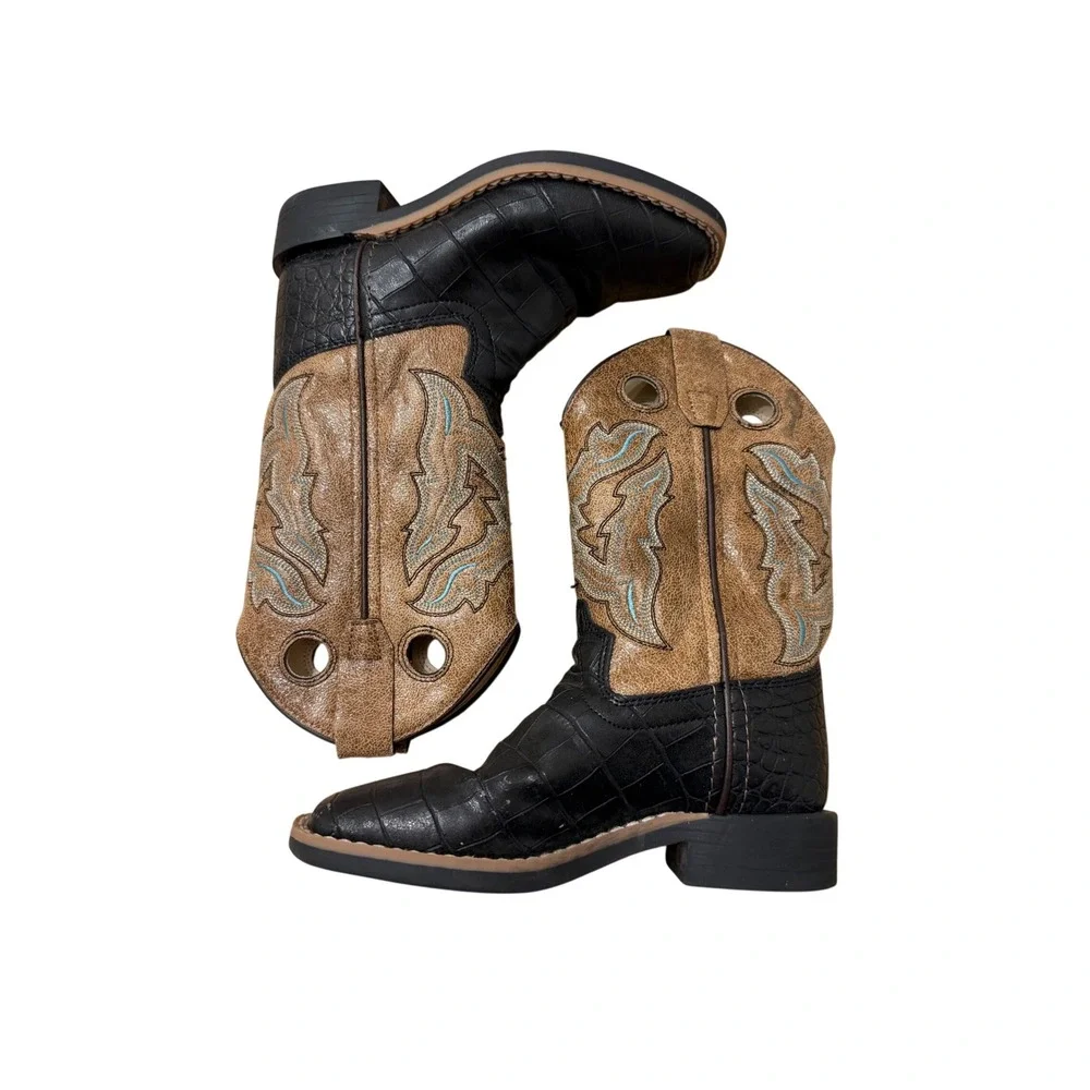 Old West Youth Cowboy Boots Black Faux Croc Tan Embroidered VB9112 Size 12D